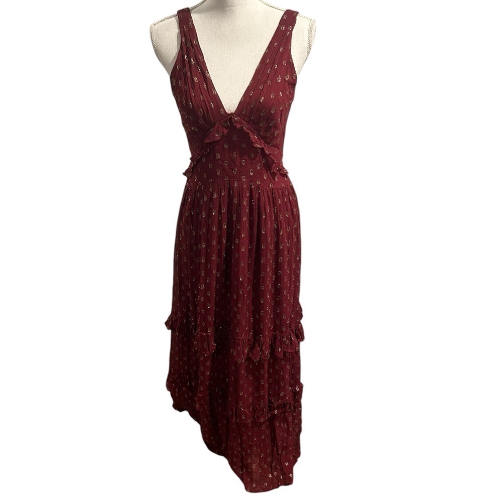 {Altar’d State} Anthropology Rare Maxi Dress Burgundy Gold Cottage Core